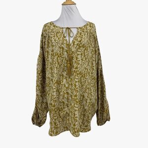 Hayden Top Womens L Large Mustard Flowy Botanical Print Tassel Tie Dolman Sleeve